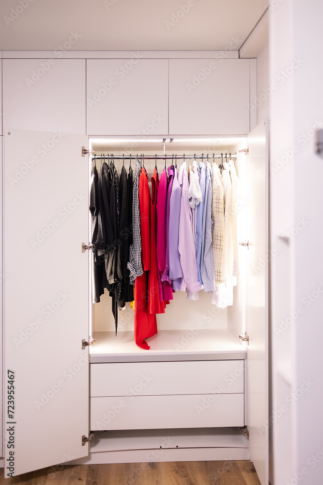 Built-in stylish white minimalist outdoor cabinet with lighting for women's clothing. Neat organization of storage of women's clothing by color: black, red, lilac, pink, white. Stylish wardrobe