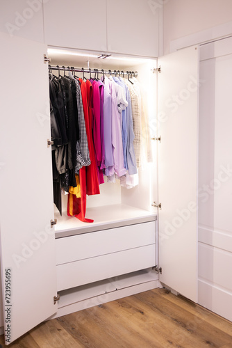 Stylish minimalist woman walk-in closet open with things on hangers arranged by color. Dressing room. Organization and Storage wardrobe, stylist, basic, shopping, consumption, selection of a wardrobe © Елена Бабанова