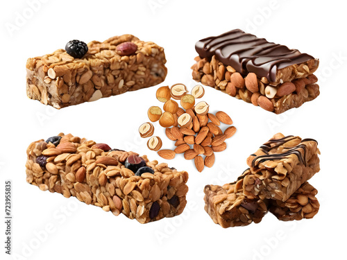 A set of granola bars with nuts and almonds on a transparent background.