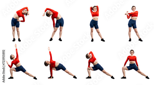 Healthy and active young woman in sportswear with different professional fitness posture set of yoga training session. Meditation yoga exercise on isolated background in gaiety full body length shot. © Summit Art Creations