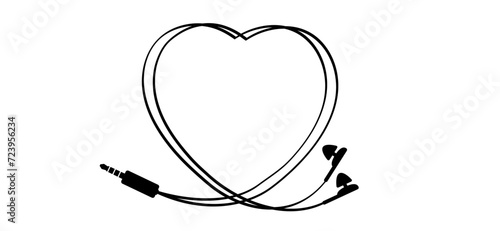 Cartoon ear plugs with love heart icon. For romantic music Earbuds sign. Earplugs for sound, music or pop concert plugs. Headphone, headset logo. Earphone for music