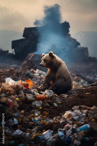 A hungry brown bear is looking for food at a landfill. Concept of human influence on the world, environmental problem