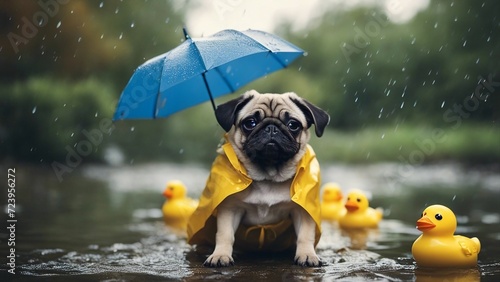 dog with umbrella A pug puppy with a playful frown, wearing a tiny raincoat and holding an umbrella, sitting in a puddle with rubber ducks duck duckies photo