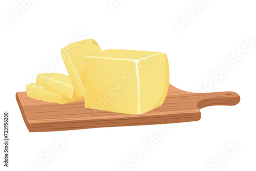 Pieces of butter, margarine, spreads and dairy products on a wooden cutting board isolated on white background. Flat vector illustration.