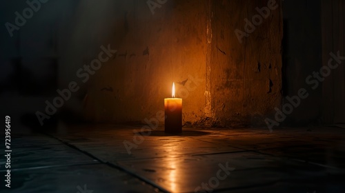 A scene of total darkness with just a candle lighting a room. Total blackout in a mysterious atmosphere in a contrast between darkness and the warm glow of a single candle. © Vagner Castro
