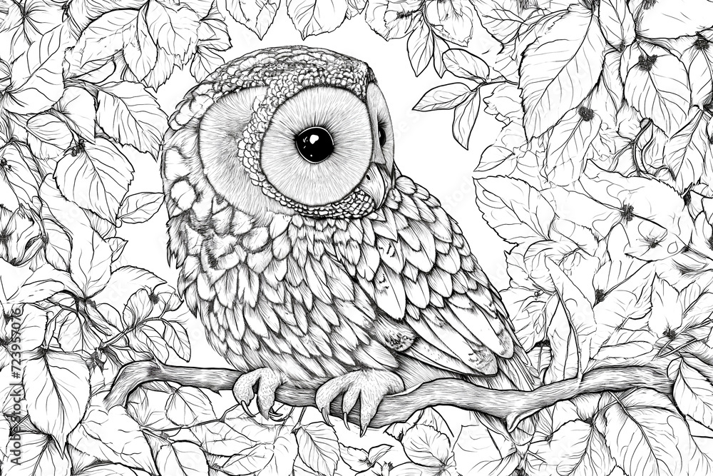 Fototapeta premium Black and white illustration for coloring birds, owl in the wood. Animal Coloring Page.