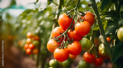 Close up of ripe tomatoes plant growing in greenhouse with copy space 