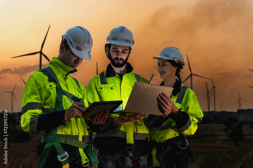 Fototapeta premium Modern expertise wind turbine engineer team with notebook working at windmill farm at sunset