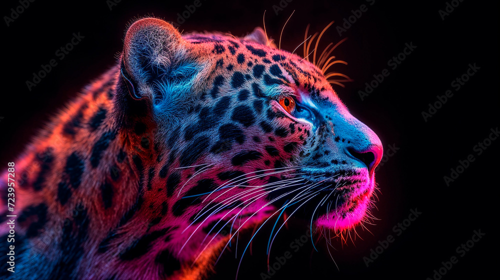 A profile portrait of a leopard with neon blue and pink lighting accents against a dark background, creating a striking and artistic representation of wildlife. A profile portrait of a leopard with neon blue and pink lighting accents against a dark background, creating a striking and artistic representation of wildlife.