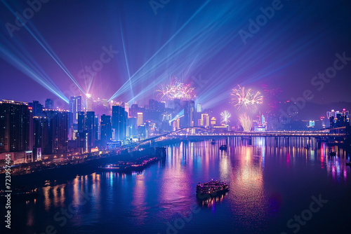 Cityscape with light show and firework celebration. Firework show celebrating Chinese new year