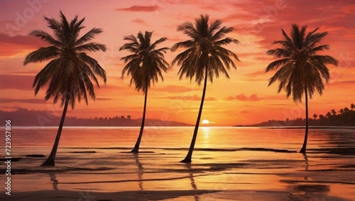 a breathtaking sunset over a tropical paradise  where the sky is ablaze with a mesmerizing palette of oranges  pinks  and gold