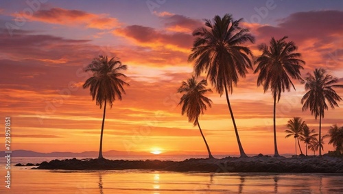 a breathtaking sunset over a tropical paradise  where the sky is ablaze with a mesmerizing palette of oranges  pinks  and gold
