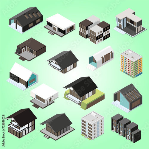 modular frame building isometric icons set with mobile house constructions isolated vector illustration