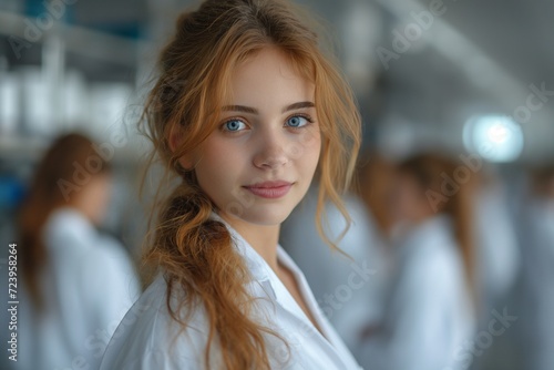 A female physician stands at a hospital, gazing into the camera. idea of background in hospital and clinic professionals with experience