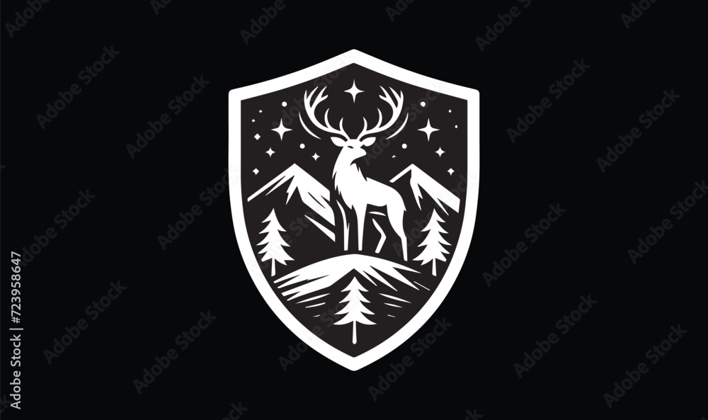 shield with wings, deer in mountain, trees stars