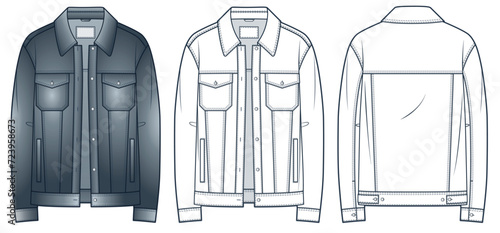 Denim Jacket technical fashion Illustration. Long Jeans Jacket fashion flat technical drawing template, relaxed fit, button, pocket, front, back view, white, grey, women, men, unisex CAD mockup set.