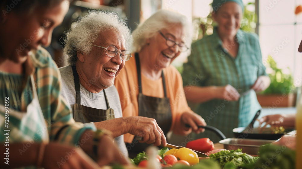 A diverse group of senior citizens cooking healthy food together A diverse group of senior citizens cooking healthy food together