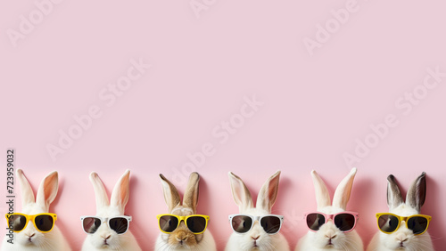 Row of cute Easter bunnies / rabbits wearing sunglasses against a pink background. Easter / spring theme background with copy space for text. photo
