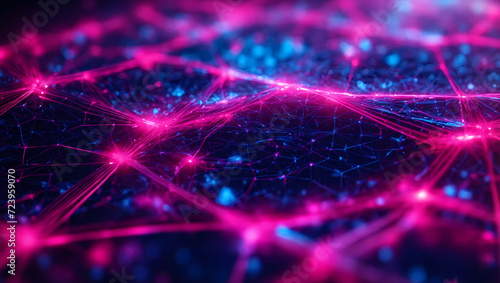 Neon pink and electric blue abstract technology illustration with a cyber network grid, connected particles, and artificial neurons. Vibrant global data connections.