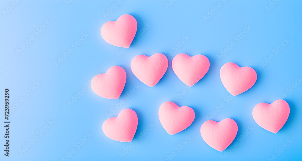 Volumetric pink hearts on a blue background, Valentine's Day, Valentine's Day, pink hearts on a blue background, Beautiful background of hearts, romance holiday, anniversary congratulations, Postcard