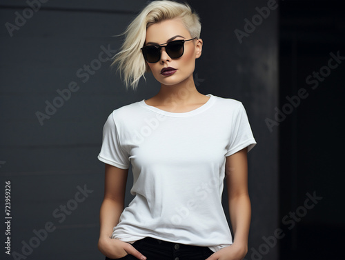 T-shirt Mokeup - Jeune femme avec un t-shirt à col rond et manches courtes de couleur blanche. format  4:3 photo