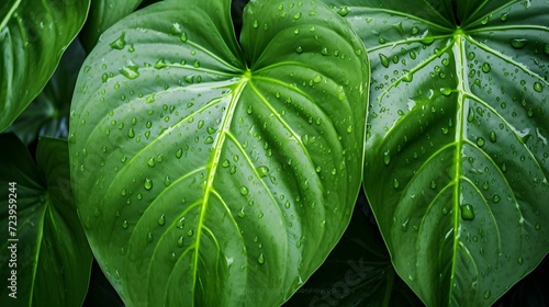 Closeup green leaf with rain drop texture background. Elephant ear leaf with parallel venation line and water drops. Botanical garden. Greenery wallpaper for spa or mental health and mind therapy.
