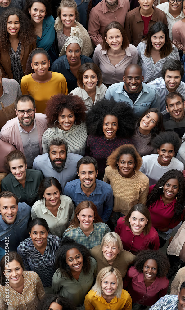 From above view of Large group of diverse ethnicity people looking up