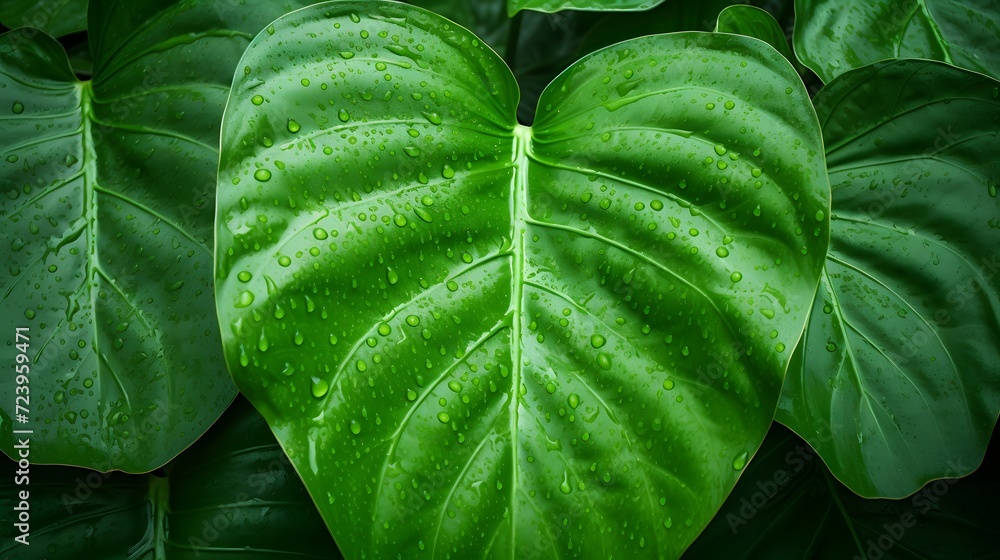 Closeup green leaf with rain drop texture background. Elephant ear leaf ...