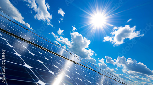 series of solar panels with the bright sun shining in a clear blue sky dotted with white clouds