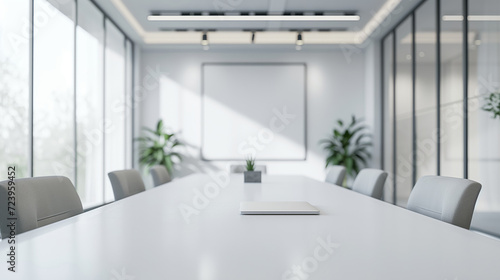 Interior of modern conference room with white walls  concrete floor  long white table with gray chairs and blank white wall  for background  business presentation.