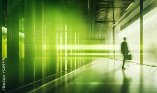 Green business background concept with blurred office building in green light with businessman walking by in motion blur photo