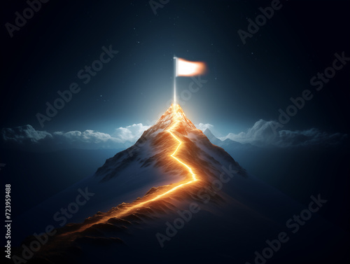 Path to flag on mountain top , success and achievement concepts