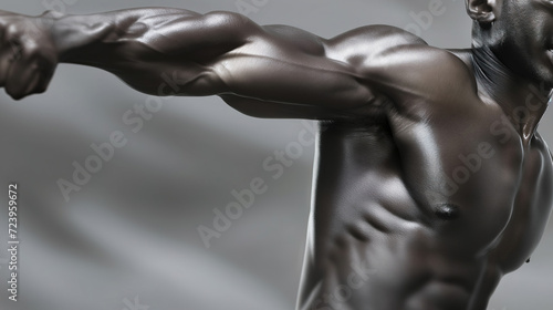 Male fitness model stretching out muscular arm