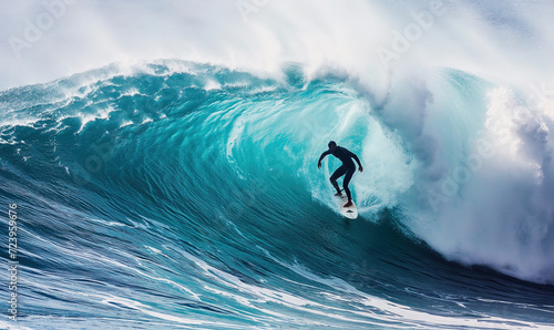 Silhouette of surfer riding big wave barrel photo