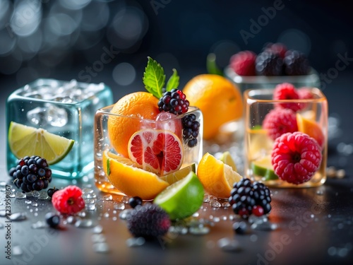 frozen fruits inside ice blocks 