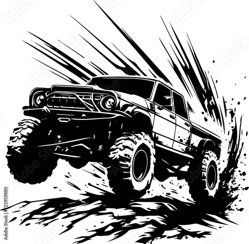 Dynamic black and white illustration featuring the silhouette of an offroad car navigating mud
