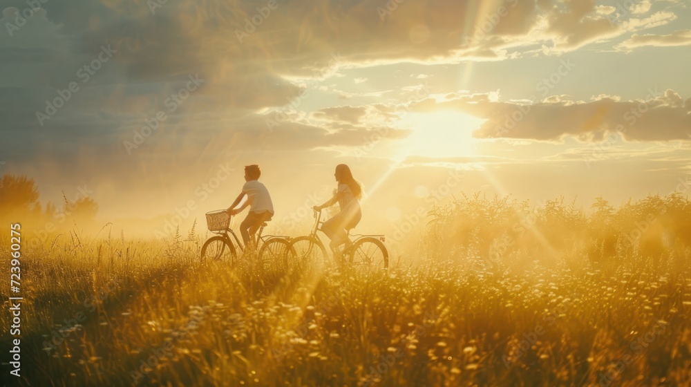 Romantic Couple Riding Bicycles Through a Field Generative AI