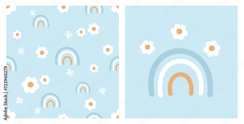 Seamless pattern with daisy flower and rainbow on blue background vector illustration. Seamless pattern with daisy flower and rainbow on blue background vector illustration.