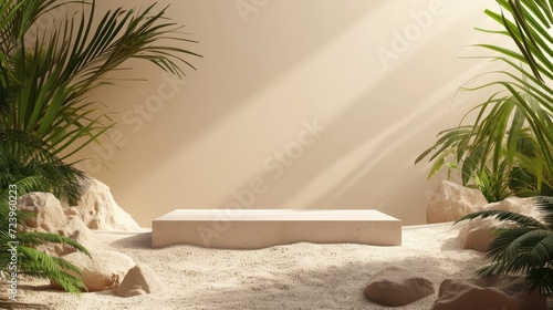 Beautiful natural scenery of the sand with green leaves and white gravels. Empty square podium for product displayed. Stage showcase on minimal podium 