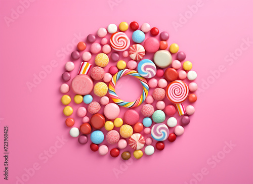 illustration of different candies and jellys on pink background. Created with Generative AI