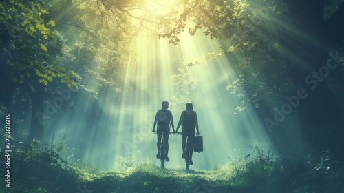 Romantic Couple Cycling Through a Lush Forest Generative AI