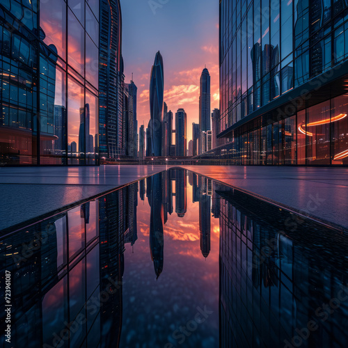 Modern city skyline at dusk reflected on a wet surface, with skyscrapers bathed in the warm hues of the setting sun