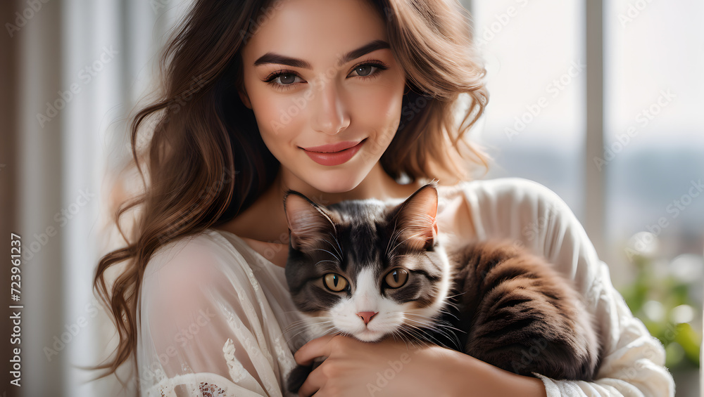 Woman smiling while holding a fluffy cat, radiating love and friendship with her captivating eyes and the adorable feline companion