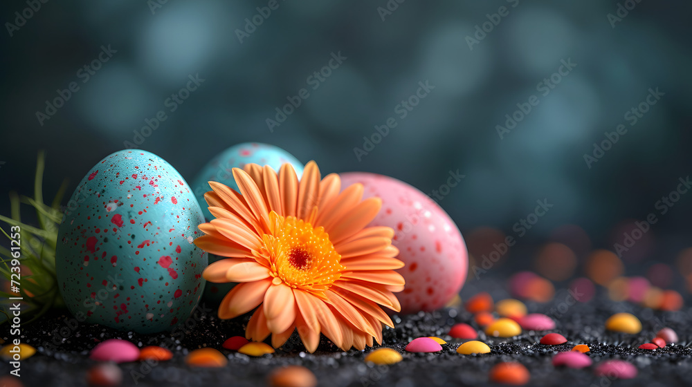 Three Eggs and a Flower on a Black Surface Three Eggs and a Flower on a Black Surface