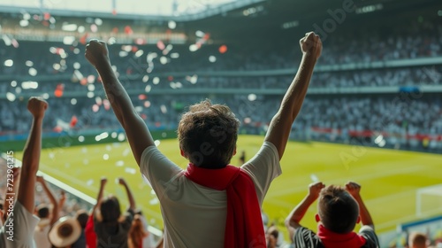 Soccer Stadium Celebration, Unrecognizable Fans Raising Arms in Victory