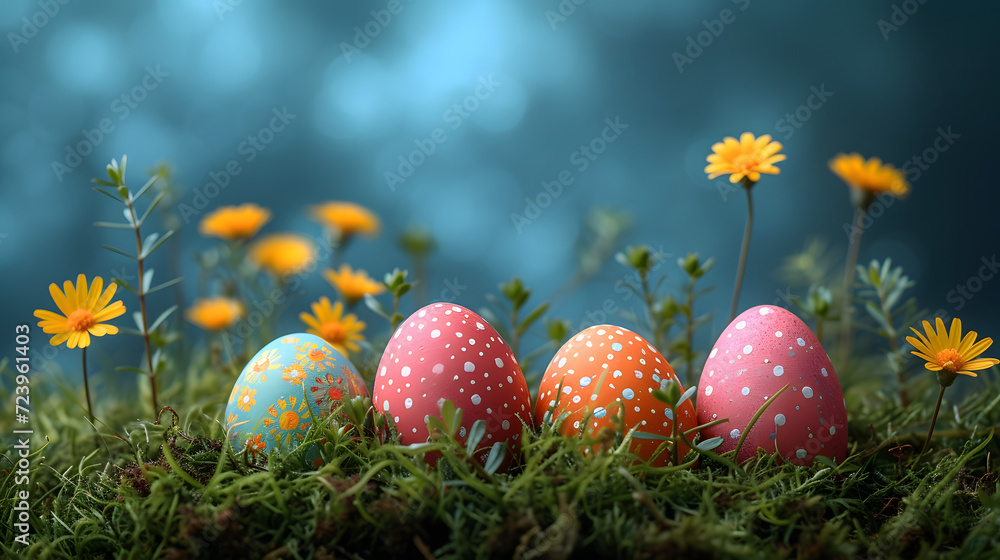 Group of Painted Eggs on Lush Green Field