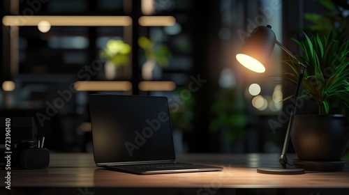 Empty Dark Workspace Tabletop, Modern Design with Copy Space and Decor