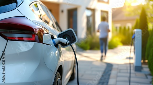 Electric Car Charging at Home, Eco Friendly Concept with Progressive Man