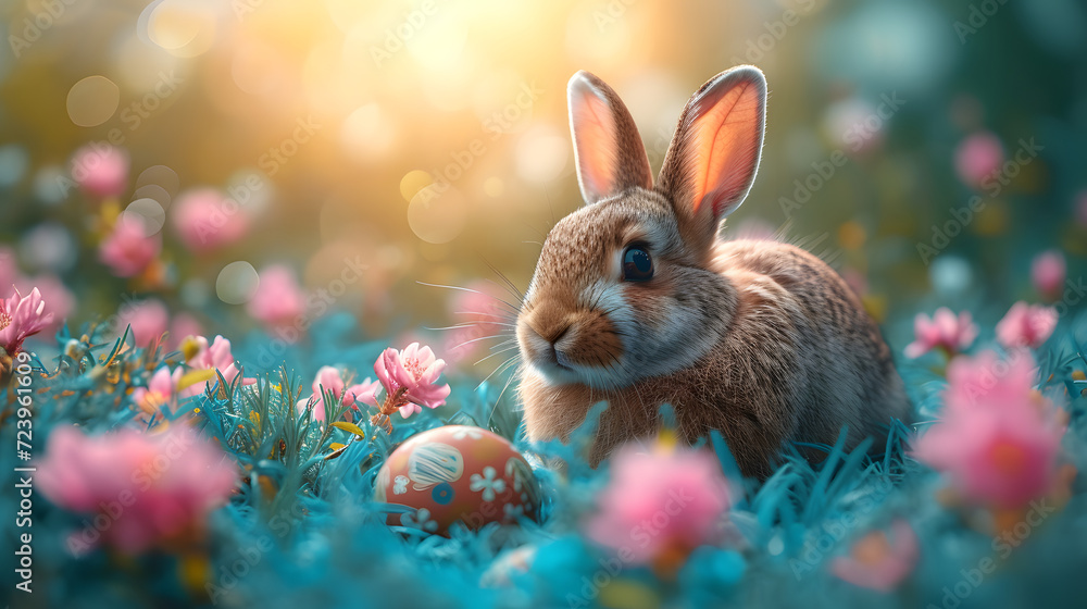 Rabbit Sitting in a Field of Flowers Rabbit Sitting in a Field of Flowers