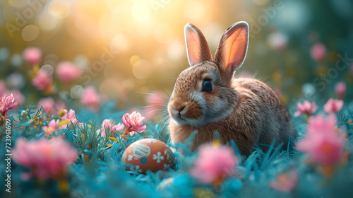 Rabbit Sitting in a Field of Flowers